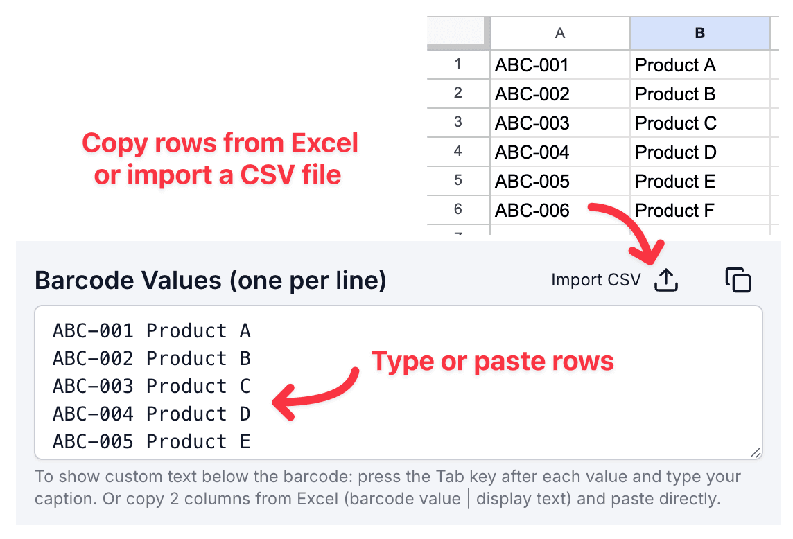 Bulk barcode generator showing Excel rows, CSV import, and typed barcode values