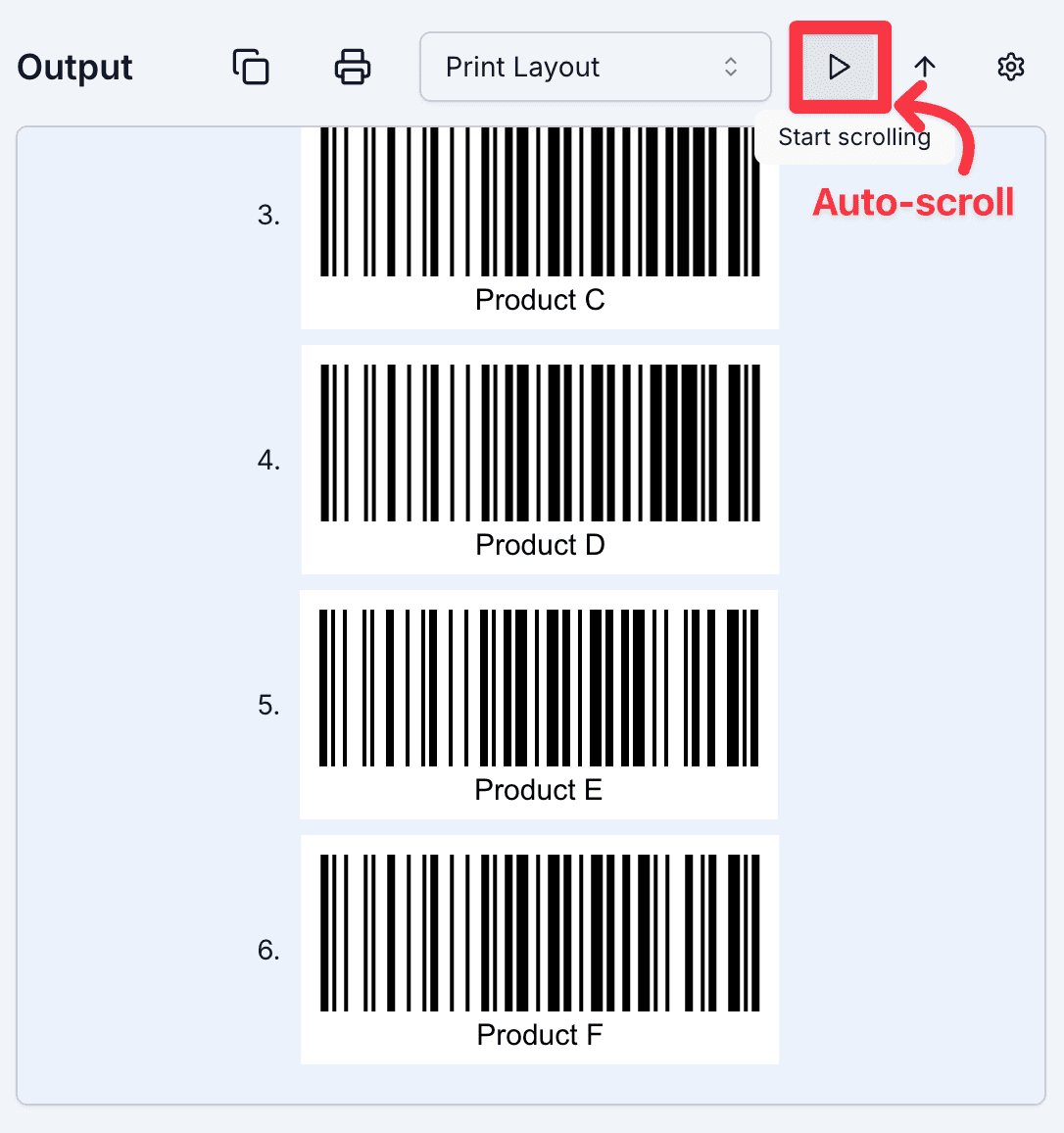 Bulk barcode generator previewing multiple generated barcodes with auto-scroll controls