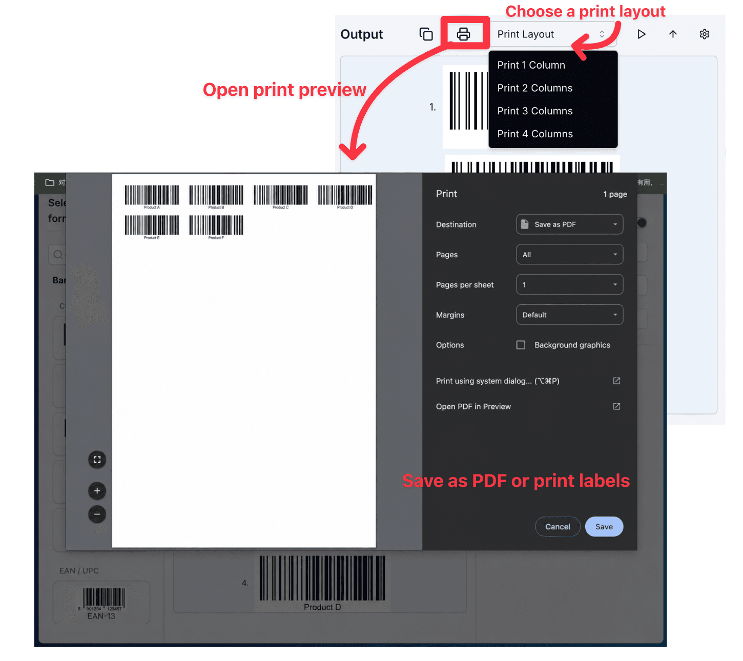 Bulk barcode generator print layout with print preview and Save as PDF option